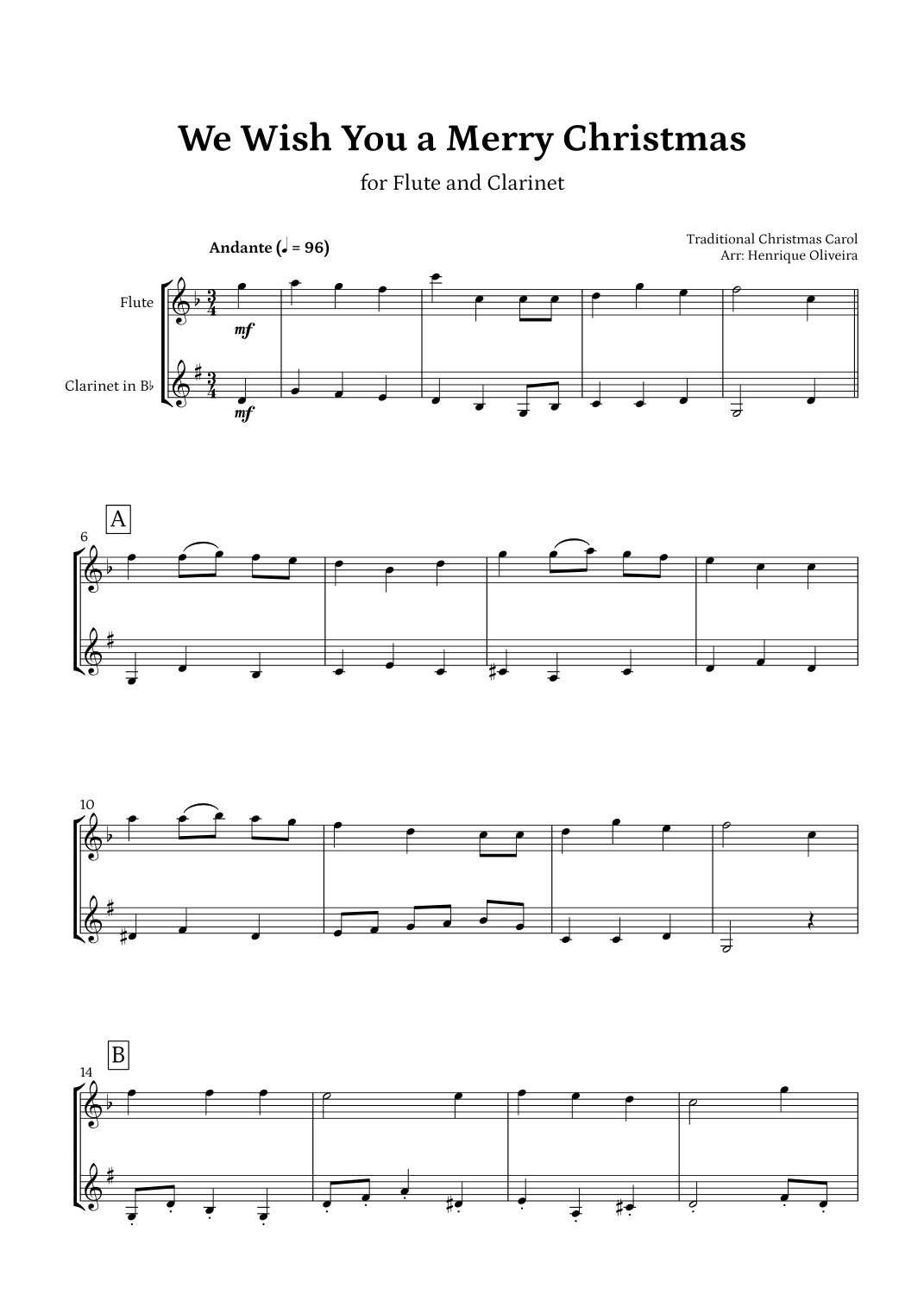 We Wish You a Merry Christmas (Flute and Clarinet) - Intermediate Level (arr. Henrique Oliveira)