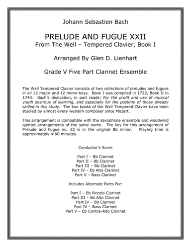 Prelude and Fugue XXII (Clarinet) (arr. Glen D. Lienhart)