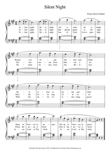 Silent Night Easy Piano Sheet Music Download with Lyrics in A Major (arr. Christina Lopriore)