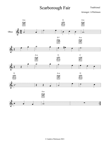 Scarborough Fair for Easy Oboe with Guitar Chords (arr. Andrew Pattinson)