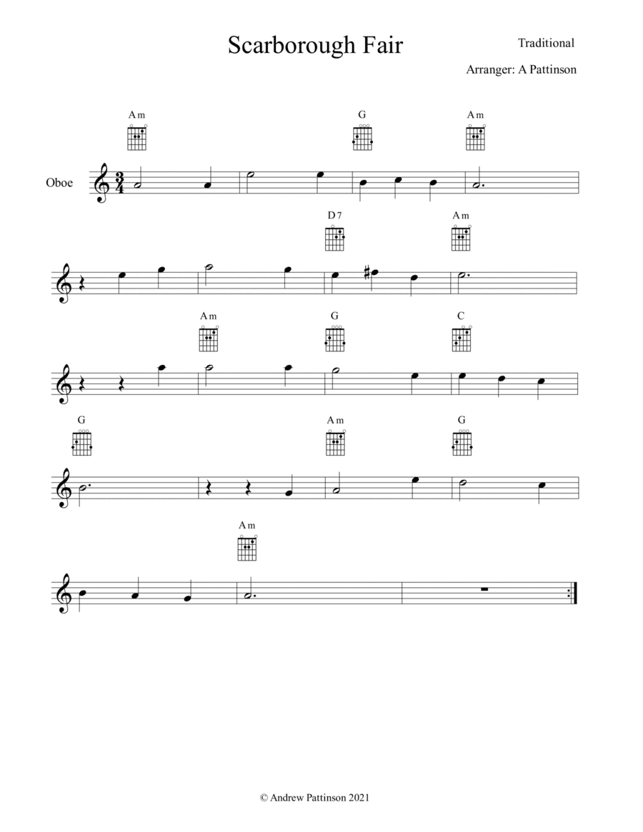 Scarborough Fair for Easy Oboe with Guitar Chords (arr. Andrew Pattinson)