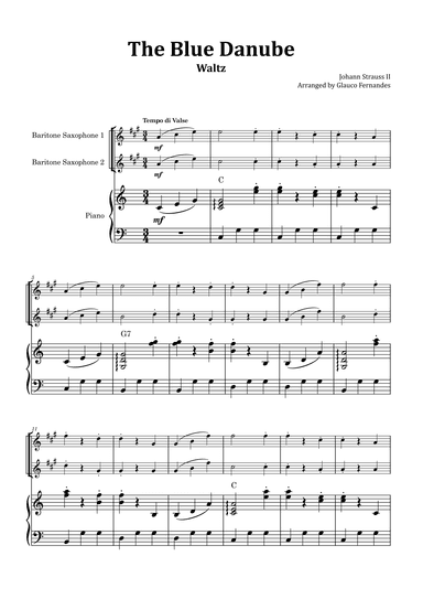 The Blue Danube - Baritone Saxophone Duet with Piano and Chord Notations (arr. Glauco Fernandes)