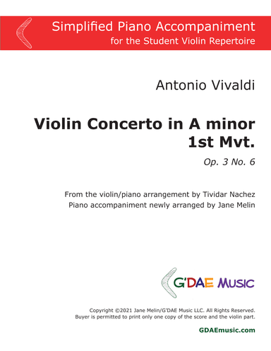 Vivaldi - Violin Concerto in Am Op. 3 No. 6 Mvt 1 - Simplified Piano Accompaniment (arr. T. Nachez/Jane Melin)