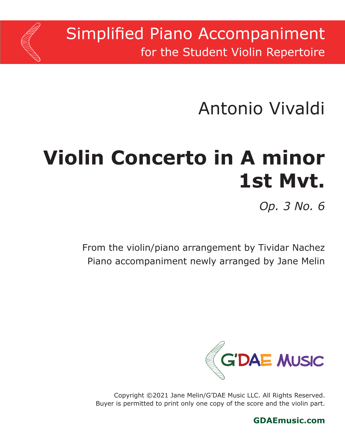 Vivaldi - Violin Concerto in Am Op. 3 No. 6 Mvt 1 - Simplified Piano Accompaniment (arr. T. Nachez/Jane Melin)