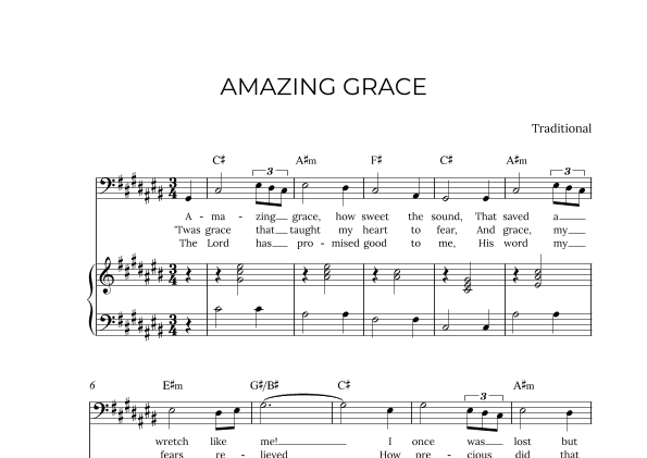 AMAZING GRACE - for piano and baritone in C# major with chords (arr. Alex Nunes Rodrigues)
