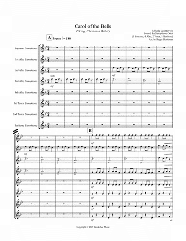 Carol of the Bells (F min) (Saxophone Octet - 1 Sop, 4 Alto, 2 Ten, 1 Bari) (arr. Regis Bookshar)