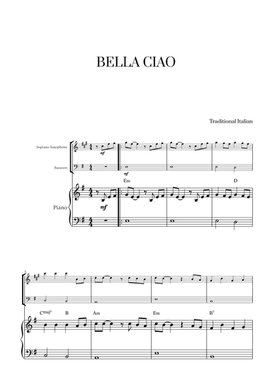 Bella Ciao with chords for Soprano Saxophone, Bassoon and Piano (arr. Cadenza Editions)