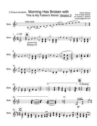 Morning Has Broken with This Is My Father's World :2 Octave Handbells REVISED - Score Only (arr. Robert C. Walshe (rcwalshe@gmail.com))