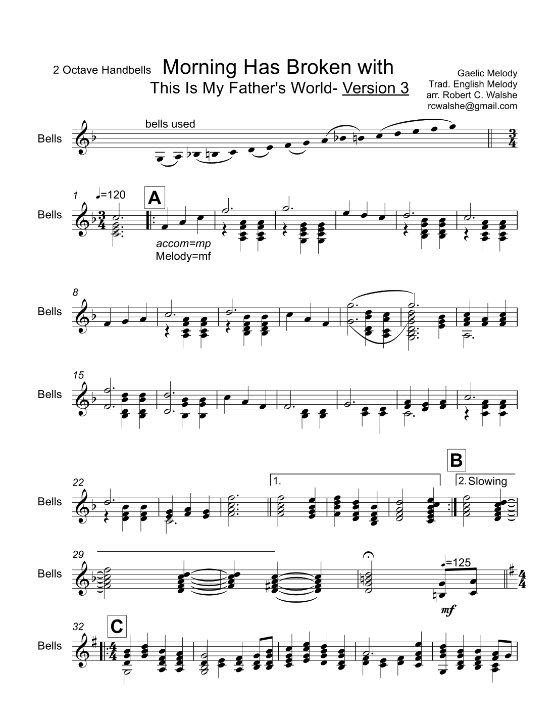 Morning Has Broken with This Is My Father's World :2 Octave Handbells REVISED - Score Only (arr. Robert C. Walshe (rcwalshe@gmail.com))