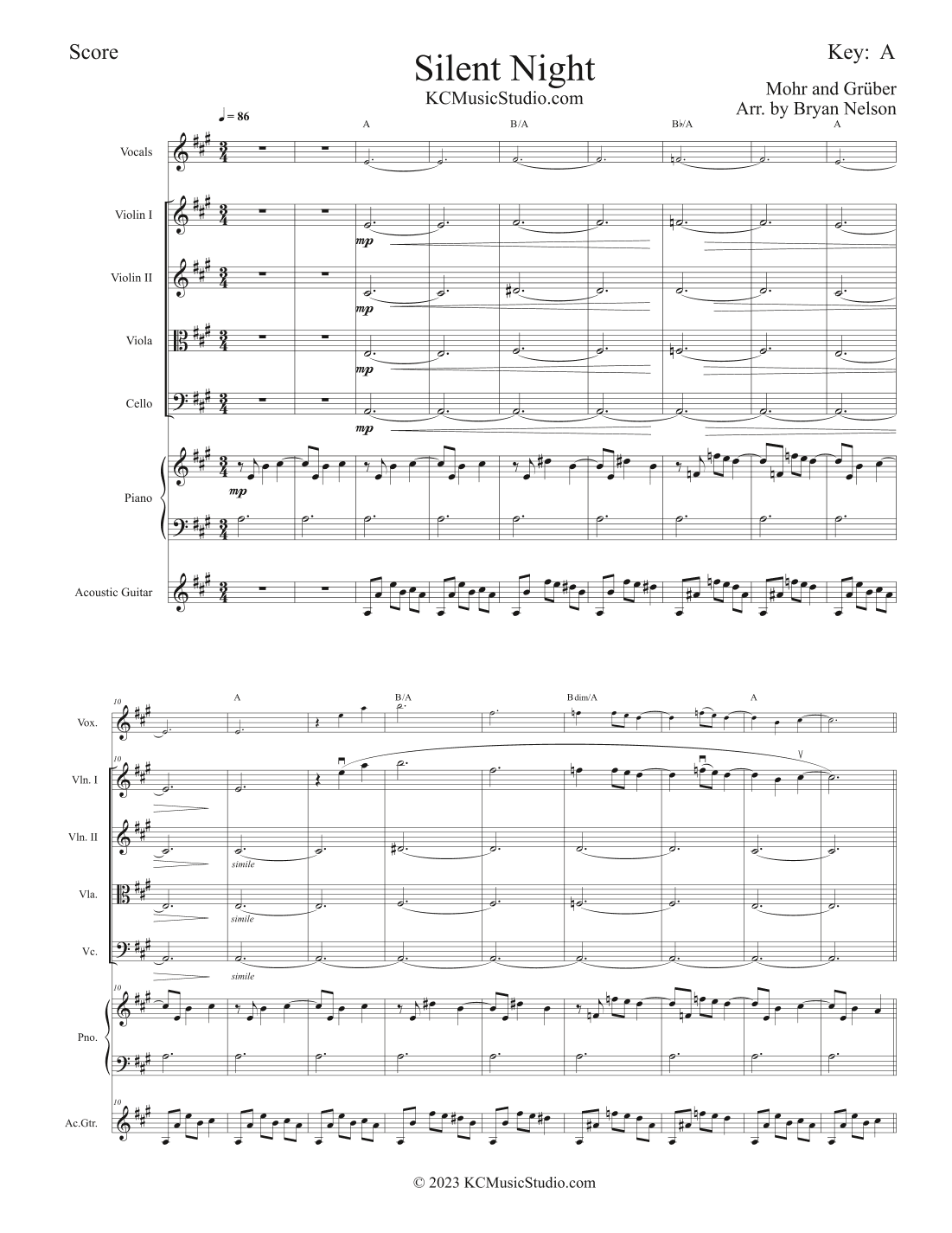 Silent Night for Vocals, String Quartet and Piano and optional Guitar (arr. Bryan Nelson)