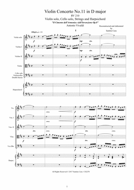 Vivaldi - Violin Concerto No.11 in D major RV 210 Op.8 for Violin, Strings and Harpsichord (arr. Santino Cara)