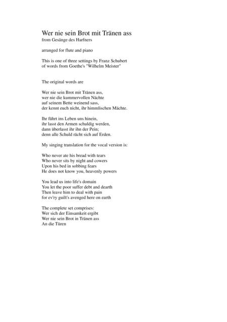 Wer nie sein Brot mit Tränen ass (Who never ate his bread with tears) for flute and piano (arr. David Warin Solomons)