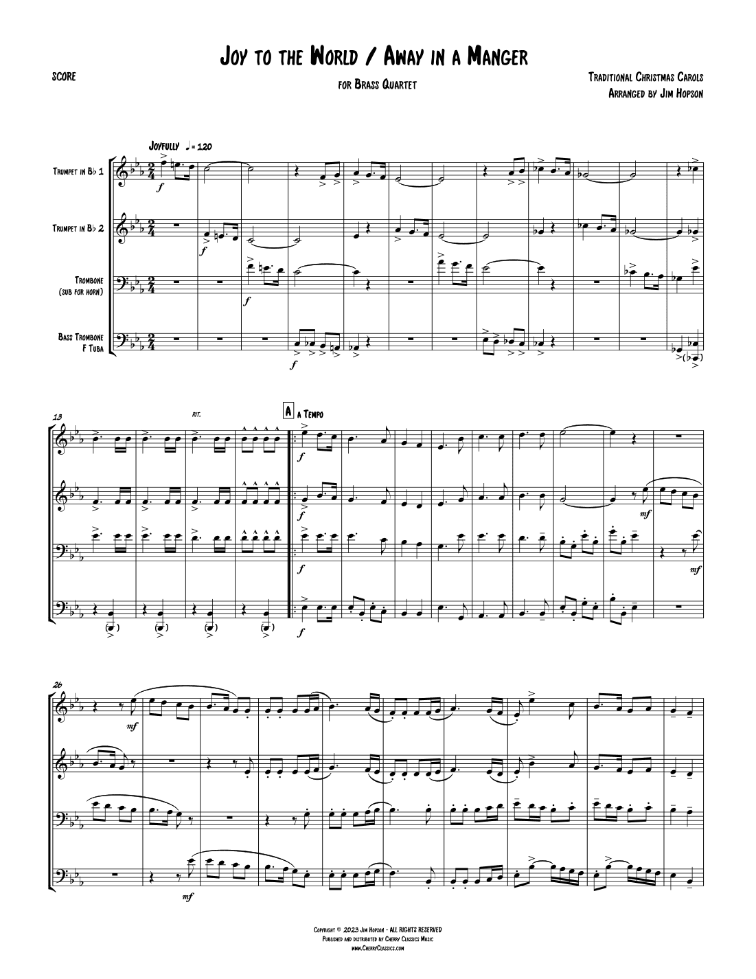 Traditional Christmas Carols - Joy to the World & Away In a Manger for Brass Quartet (arr. Jim Hopson)