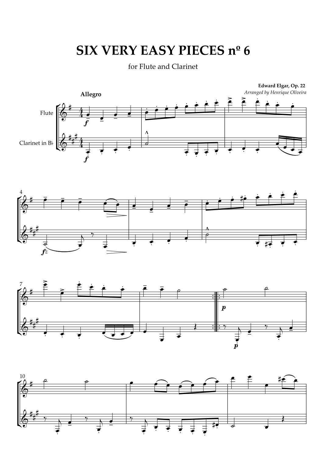 Six Very Easy Pieces nº 6 (Allegro) - Flute and Clarinet (arr. Henrique Oliveira)