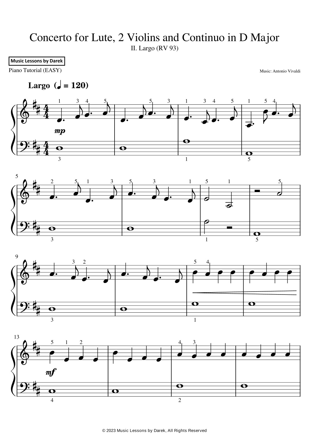 Concerto for Lute, 2 Violins and Continuo in D Major (EASY PIANO) II. Largo (RV 93) [Antonio Vivaldi (arr. Darek)