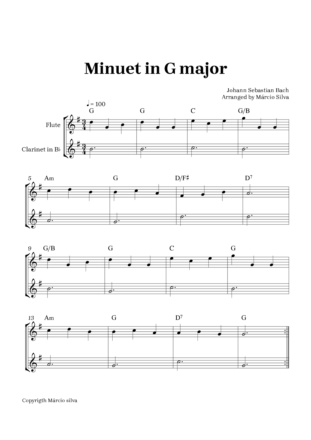 Minuet in G Major - for flute and clarinet (arr. Márcio Silva)