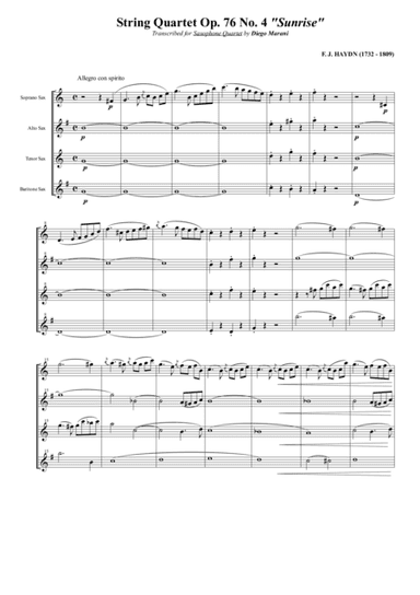 String Quartet Op. 76 No. 4 "Sunrise" for Saxophone Quartet (SATB) (arr. Diego Marani)