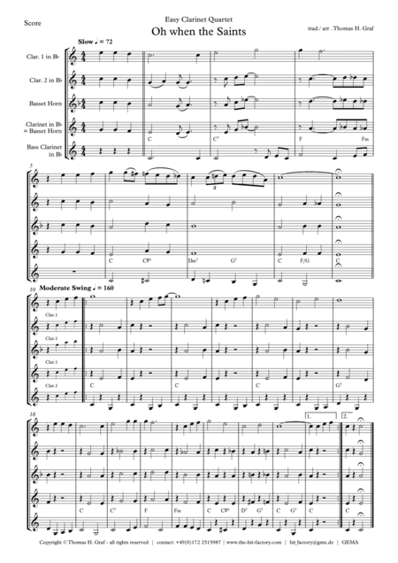 Oh when the saints - Easy Clarinet Quartet (arr. Thomas H. Graf)