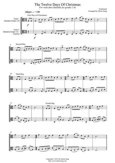 The Twelve Days Of Christmas (for viola duet, suitable for grade 2-6) (arr. Edwin Sung)