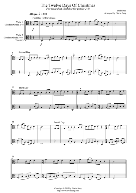 The Twelve Days Of Christmas (for viola duet, suitable for grade 2-6) (arr. Edwin Sung)
