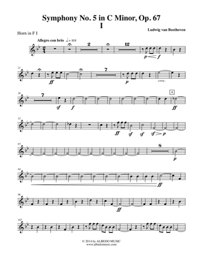 Beethoven Symphony No. 5, Movement I - Horn in F 1 (Transposed Part), Op. 67 (arr. Doug Clyde)