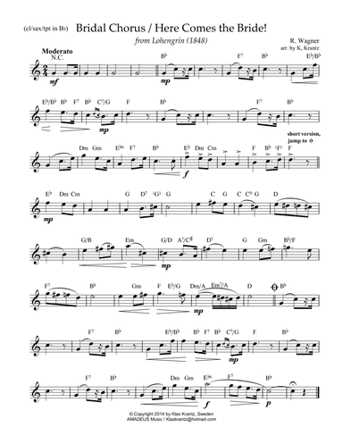Bridal Chorus / Here Comes the Bride! lead sheet for B-flat instr. with guitar chords (C Major) (arr. K. Krantz)
