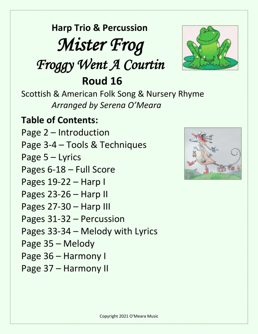 Mister Frog (Froggy Went a Courtin) for Harp Trio & Percussion (arr. Serena O’Meara)