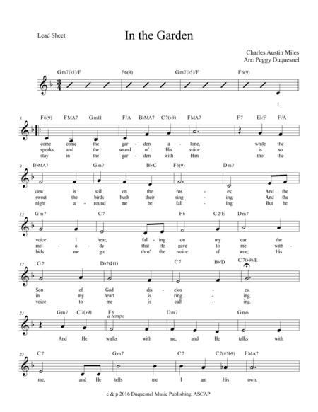 In the Garden (Vocal Lead Sheet) (arr. Peggy Duquesnel)