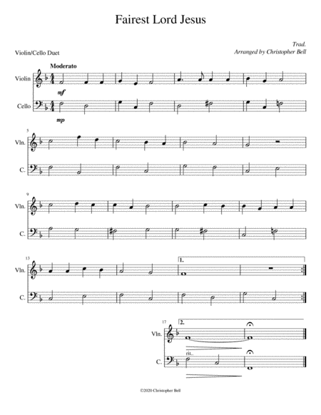 Fairest Lord Jesus - Easy Violin/Cello Duet (arr. Christopher Bell)