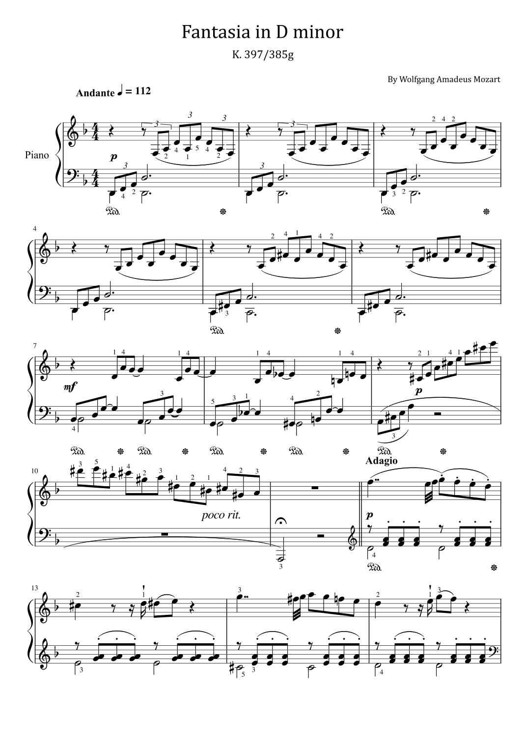 Mozart Fantasia in D Minor - K. 397/385g -  Original With Fingered (arr. poon)