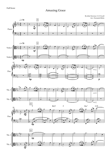 Amazing Grace (John Newton, E. O. Excell) for Viola Duo and Piano Accompaniment with Chords (arr. Fernando Britto)