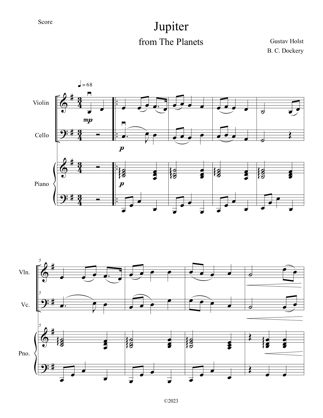 Jupiter (from The Planets) for Violin and Cello Duet with Piano Accompaniment (arr. B. C. Dockery)