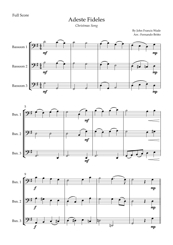 Adeste Fideles (Christmas Song) for Bassoon Trio (arr. Fernando Britto)