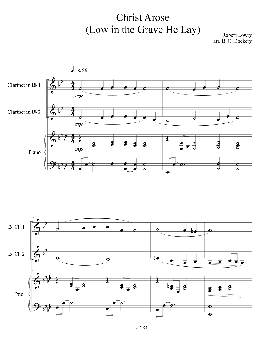 Christ Arose (Low in the Grave He Lay) for Clarinet Duet with Piano Accompaniment (arr. B. C. Dockery)