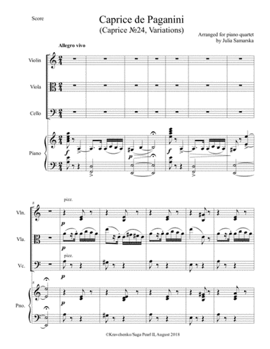 Niccolo Paganini - Caprice No.24 arr. for piano quartet (score and parts) (arr. Julia Samarska)