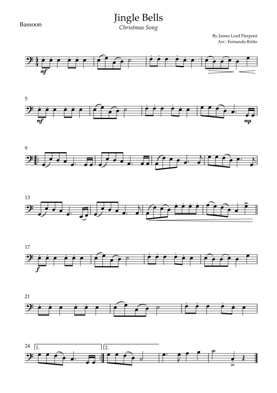 Jingle Bells (Christmas Song) for Bassoon Solo (arr. Fernando Britto)