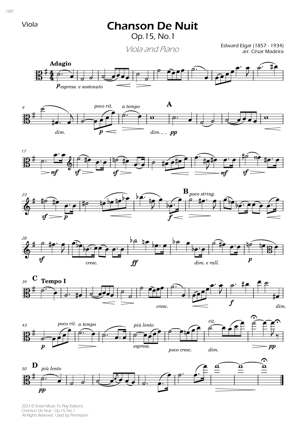 Chanson De Nuit, Op.15 No.1 - Viola and Piano (Individual Parts) (arr. César Madeira)