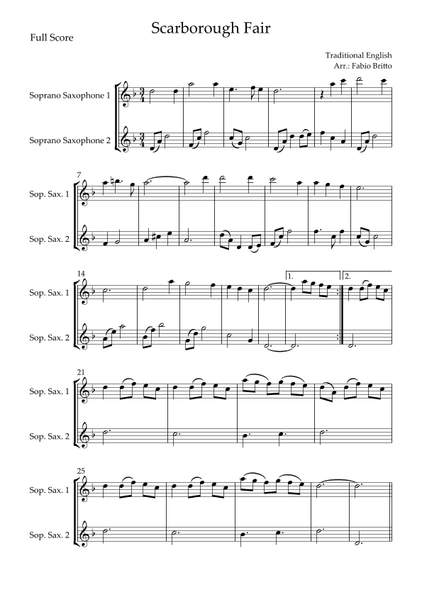 Scarborough Fair for Soprano Saxophone Duo (arr. Fabio Britto)