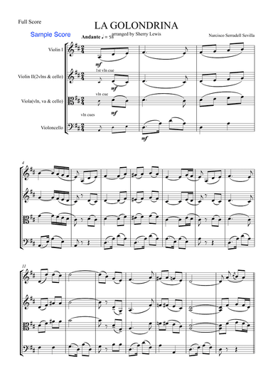 LA GOLONDRINA,Sevilla, String Trio, Intermediate Level for 2 violins and cello or violin, viola and (arr. Sherry Lewis Publishing)