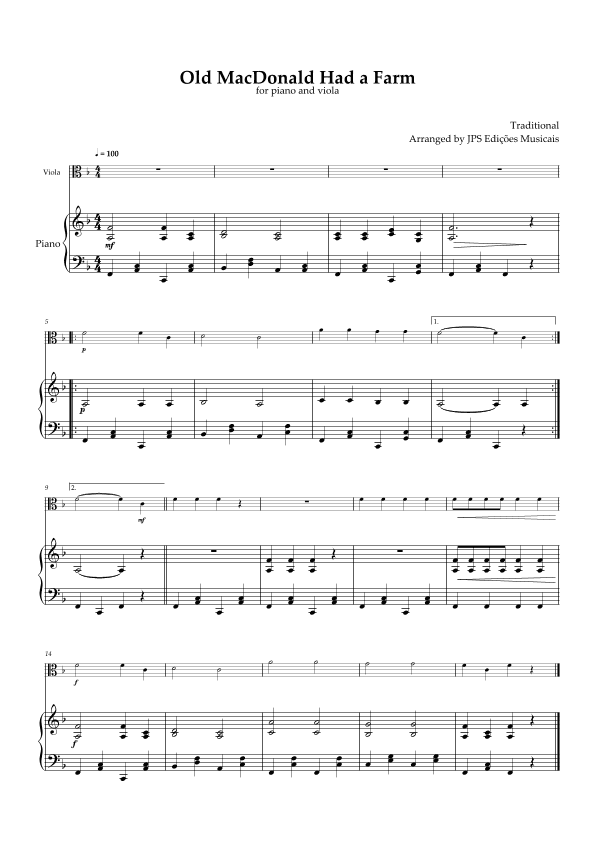 Old MacDonald Had A Farm for piano and viola (arr. JPS Edições Musicais)