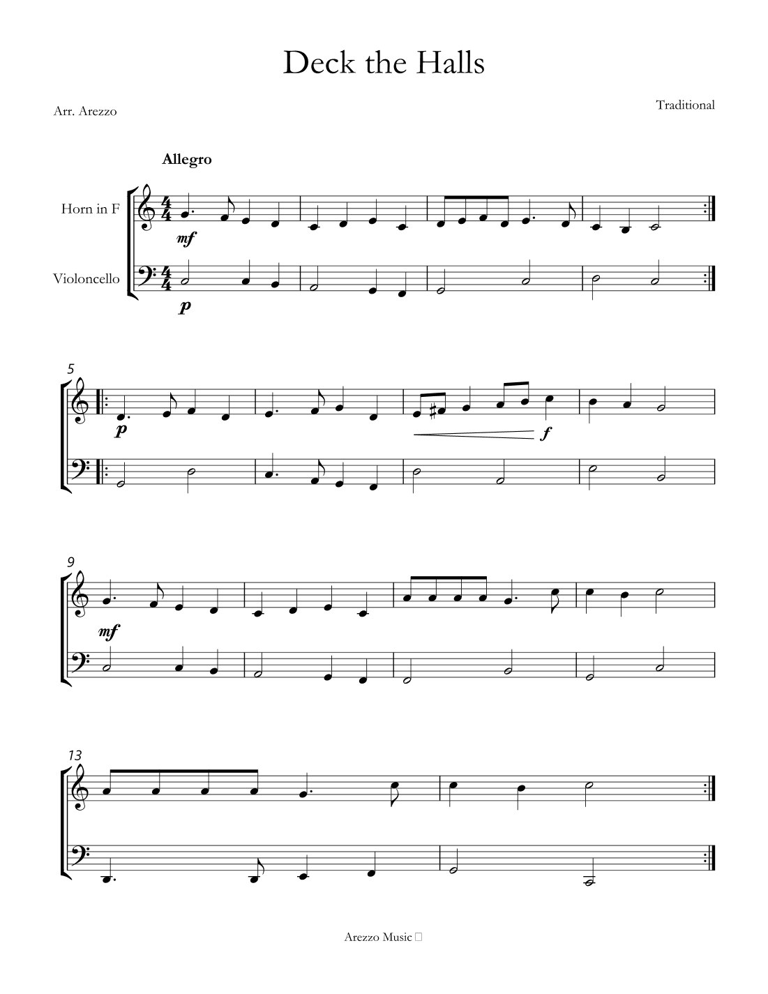 deck the halls for sheet music arrangement Horn and Cello (arr. Arezzo Music)