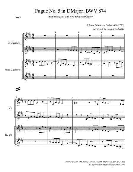 Fugue No. 5 in D Major (WTC Book 2) for Clarinet Quartet (arr. Benjamin Ayotte)