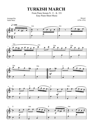 Turkish March - Easy Piano (with chords) (arr. Valdir Maia)