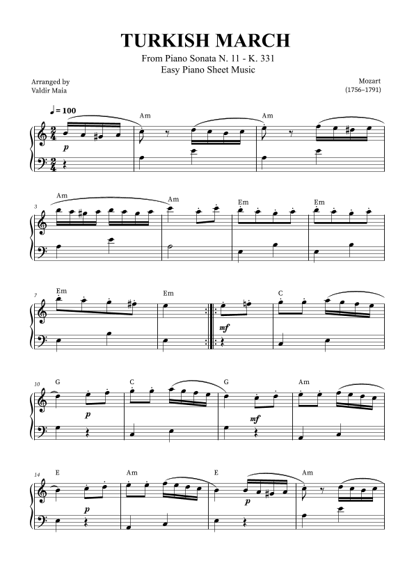 Turkish March - Easy Piano (with chords) (arr. Valdir Maia)