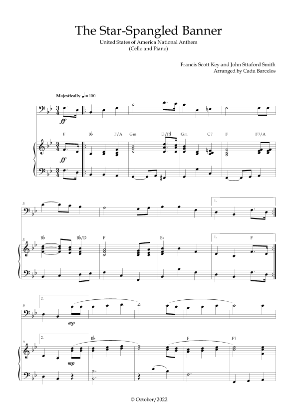 The Star-Spangled Banner - EUA Hymn (Cello and Piano) Chords (arr. Cadu Barcelos)