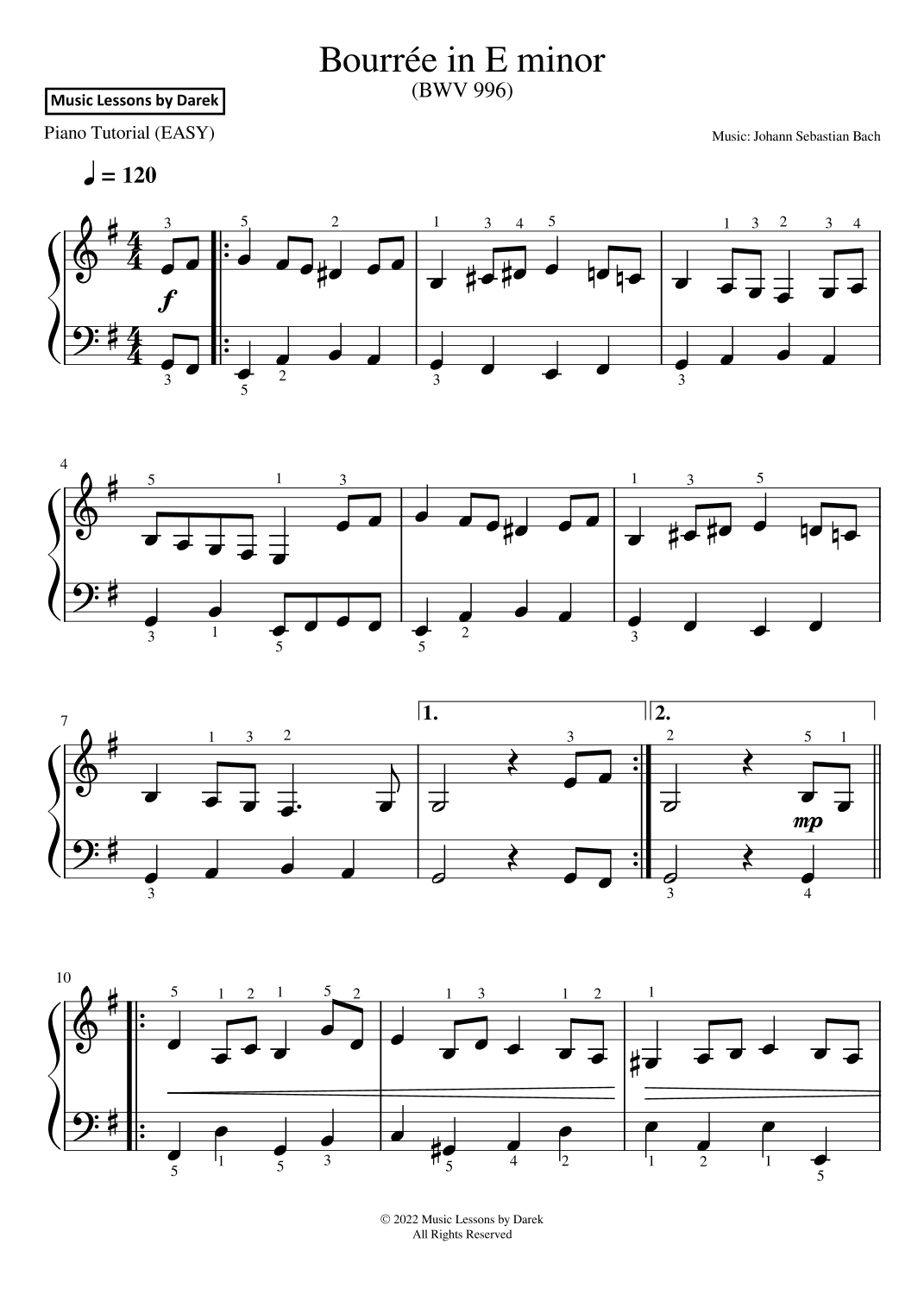 Bourrée in E minor (EASY PIANO) BWV 996 [Johann Sebastian Bach] (arr. Darek)