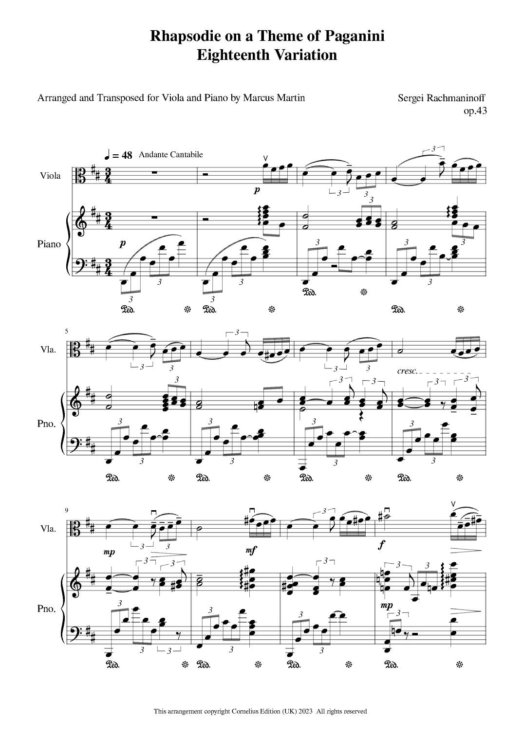 Rhapsody on a Theme of Paganni Eighteenth Variation arranged for Viola and Piano D major (arr. Marcus Martin)