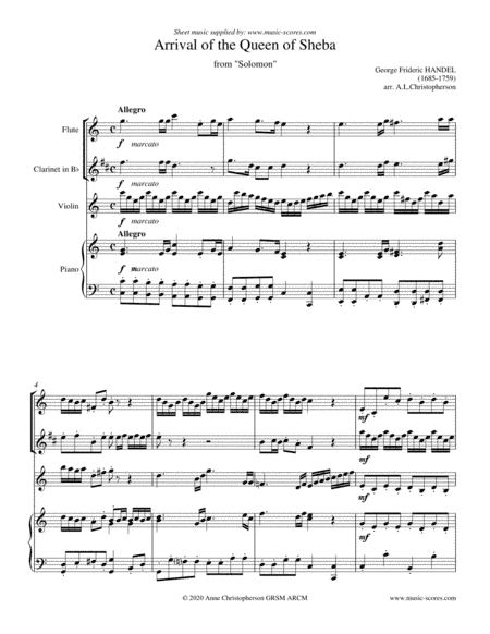 Handel: Arrival of the Queen of Sheba - Flute, Clarinet, Violin and Piano (arr. Anne L Christopherson GRSM ARCM)
