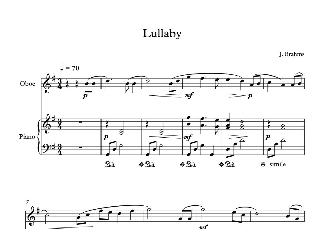 Lullaby - Johannes Brahms (Oboe + Piano) (arr. Digital Book Music)