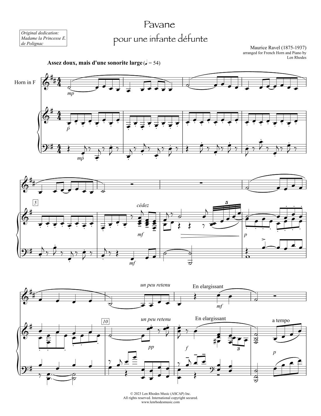 Ravel - Pavane pour une infante défunte, arranged for French Horn (in F) and Piano (arr. Len Rhodes)